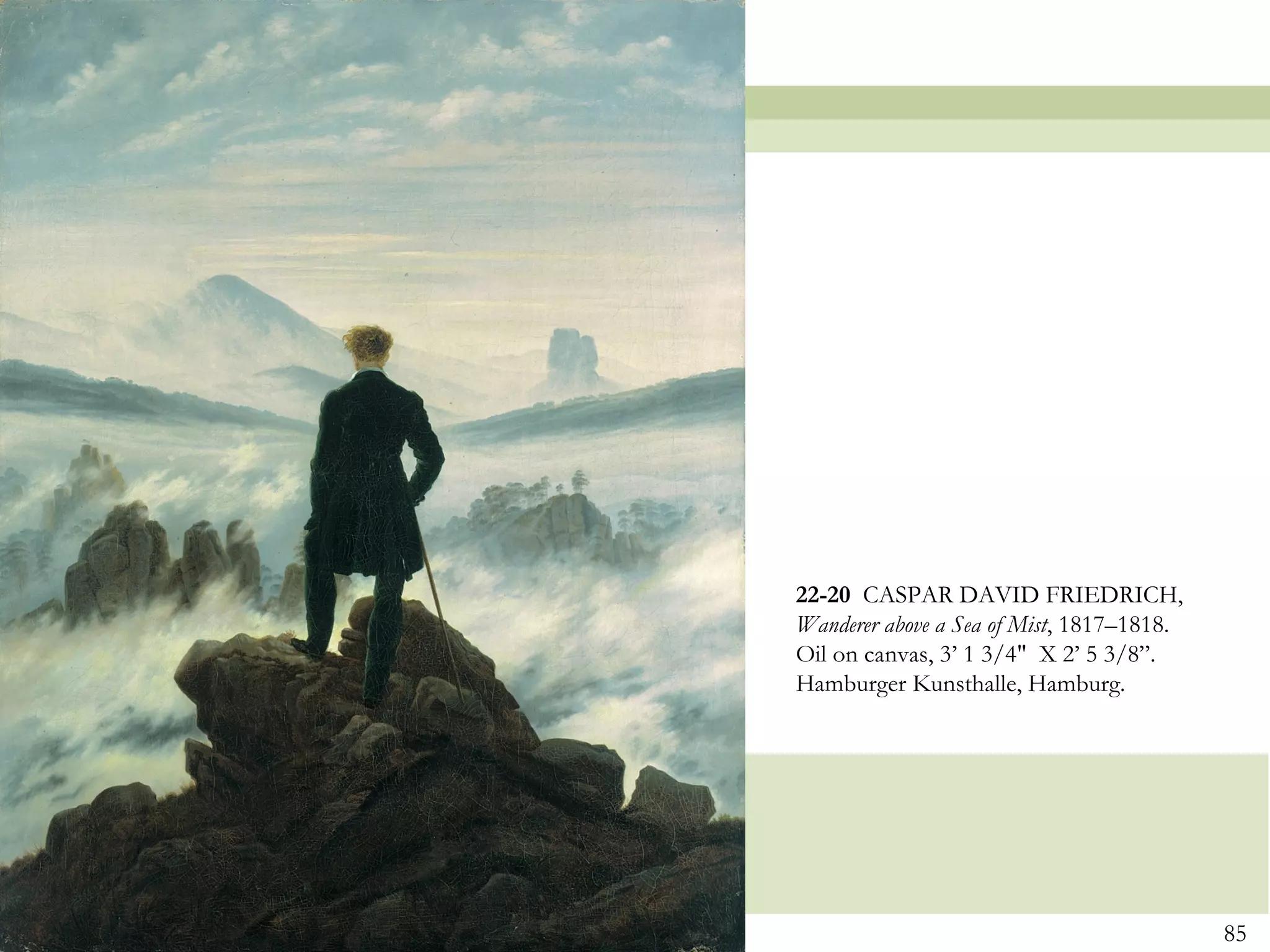 22-20 CASPAR DAVID FRIEDRICH,
Wanderer above a Sea of Mist, 1817–1818.
Oil on canvas, 3’ 1 3/4" X 2’ 5 3/8”.
Hamburger Kunsthalle, Hamburg.




                                           85
 