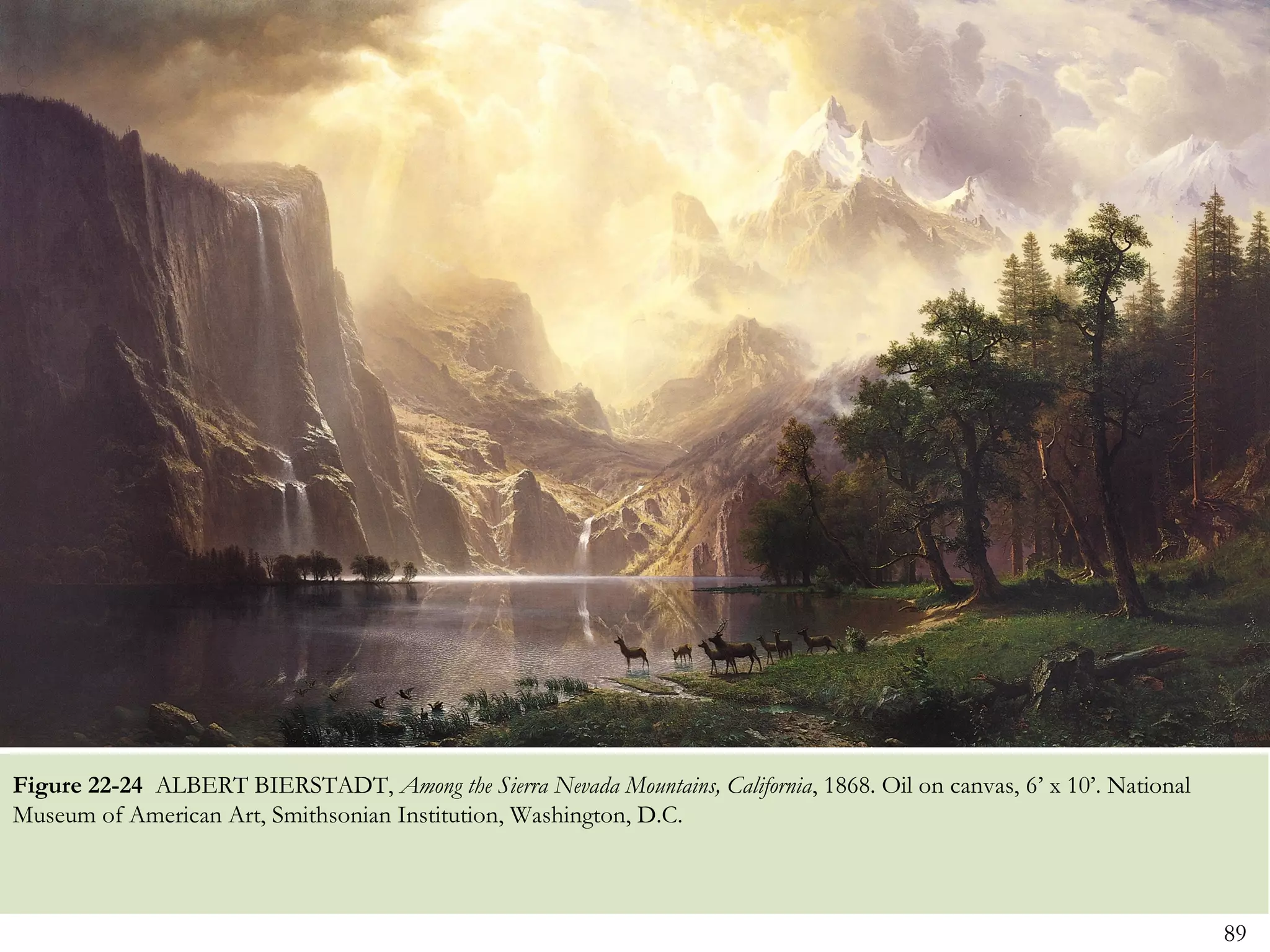 Figure 22-24 ALBERT BIERSTADT, Among the Sierra Nevada Mountains, California, 1868. Oil on canvas, 6’ x 10’. National
Museum of American Art, Smithsonian Institution, Washington, D.C.



                                                                                                                        89
 