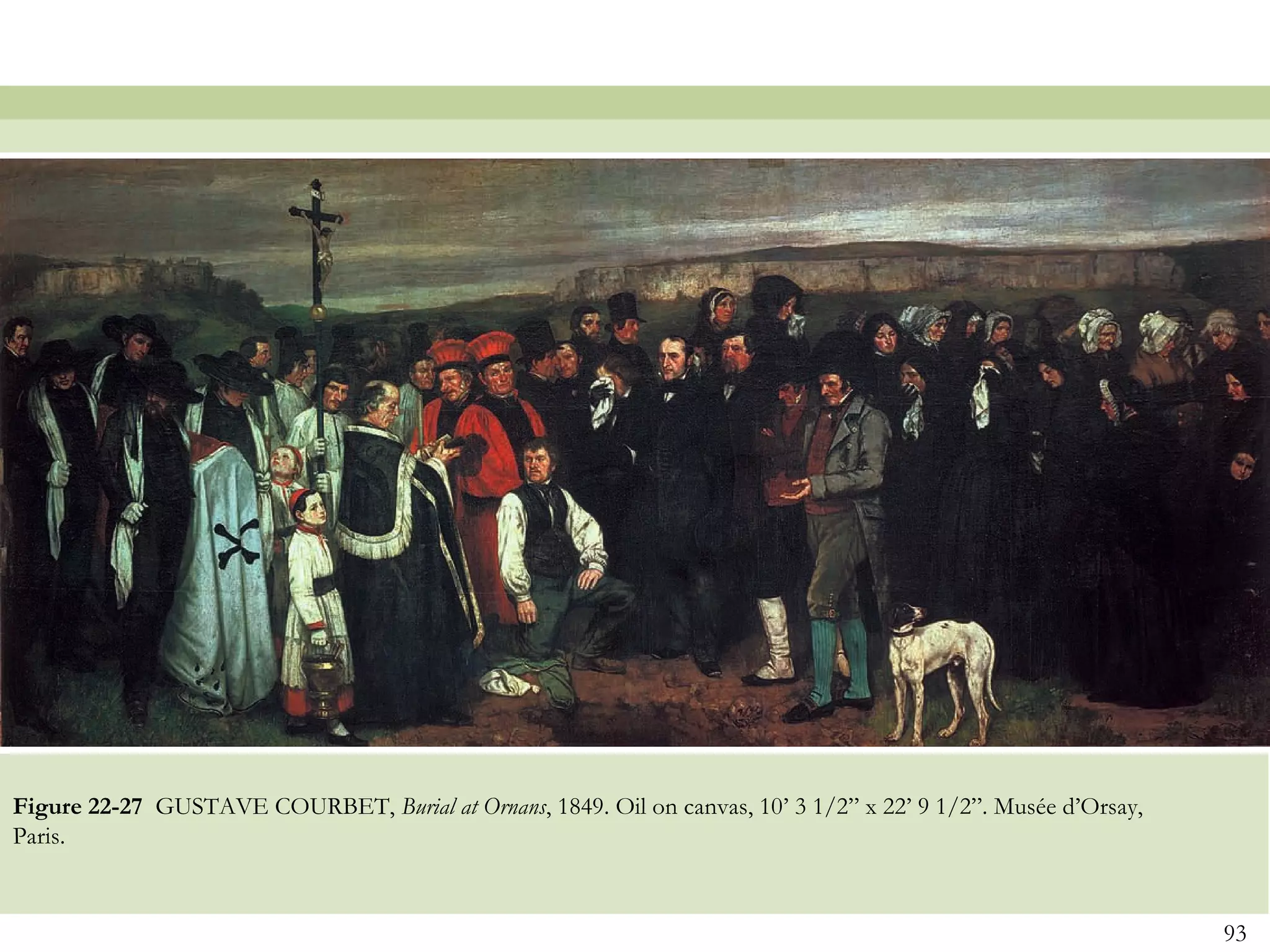 Figure 22-27 GUSTAVE COURBET, Burial at Ornans, 1849. Oil on canvas, 10’ 3 1/2” x 22’ 9 1/2”. Musée d’Orsay,
Paris.


                                                                                                               93
 