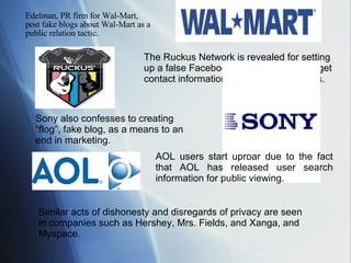 Edelman, PR firm for Wal-Mart, post fake blogs about Wal-Mart as a public relation tactic. The Ruckus Network is revealed for setting up a false Facebook account in order to get contact information from college students. Sony also confesses to creating “flog”, fake blog, as a means to an end in marketing. AOL users start uproar due to the fact that AOL has released user search information for public viewing. Similar acts of dishonesty and disregards of privacy are seen in companies such as Hershey, Mrs. Fields, and Xanga, and Myspace. 