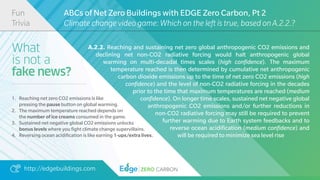 http://edgebuildings.com ZERO CARBON
What
is not a
fake news?
1. Reaching net zero CO2 emissions is like
pressing the pause button on global warming.
2. The maximum temperature reached depends on
the number of ice creams consumed in the game.
3. Sustained net negative global CO2 emissions unlocks
bonus levels where you
fi
ght climate change supervillains.
4. Reversing ocean acidi
fi
cation is like earning 1-ups/extra lives.
ABCs of Net Zero Buildings with EDGE Zero Carbon, Pt 2
Climate change video game: Which on the left is true, based on A.2.2.?
Fun
Trivia
A.2.2. Reaching and sustaining net zero global anthropogenic CO2 emissions and
declining net non-CO2 radiative forcing would halt anthropogenic global
warming on multi-decadal times scales (high con
fi
dence). The maximum
temperature reached is then determined by cumulative net anthropogenic
carbon dioxide emissions up to the time of net zero CO2 emissions (high
con
fi
dence) and the level of non-CO2 radiative forcing in the decades
prior to the time that maximum temperatures are reached (medium
con
fi
dence). On longer time scales, sustained net negative global
anthropogenic CO2 emissions and/or further reductions in
non-CO2 radiative forcing may still be required to prevent
further warming due to Earth system feedbacks and to
reverse ocean acidi
fi
cation (medium con
fi
dence) and
will be required to minimize sea level rise
 