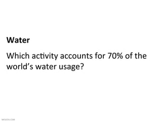 Water	
  
     Which	
  ac1vity	
  accounts	
  for	
  70%	
  of	
  the	
  
     world’s	
  water	
  usage?	
  
     	
  


MESICEK.COM	
  
 