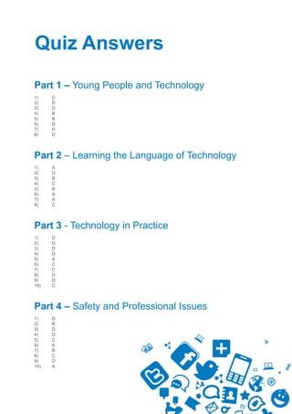 Quiz Answers
Part 1 – Young People and Technology
1)    C
2)    D
3)    D
4)    B
5)    B
6)    D
7)    D
8)    D




Part 2 – Learning the Language of Technology
1)    A
2)    D
3)    B
4)    C
5)    B
6)    A
7)    A
8)    C




Part 3 - Technology in Practice
1)    D
2)    D
3)    D
4)    D
5)    A
6)    C
7)    C
8)    D
9)    D
10)   C




Part 4 – Safety and Professional Issues
1)    D
2)    B
3)    D
4)    D
5)    C
6)    A
7)    B
8)    C
9)    D
10)   A
 