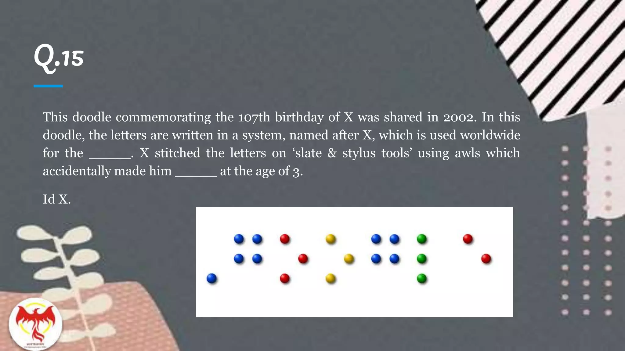 Q.15
This doodle commemorating the 107th birthday of X was shared in 2002. In this
doodle, the letters are written in a system, named after X, which is used worldwide
for the _____. X stitched the letters on ‘slate & stylus tools’ using awls which
accidentally made him _____ at the age of 3.
Id X.
 