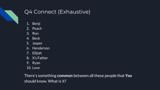 Q4 Connect (Exhaustive)
1. Benji
2. Peach
3. Ron
4. Beck
5. Jasper
6. Henderson
7. Elijiah
8. X’s Father
9. Ryan
10. Love
There’s something common between all these people that You
should know. What is it?
 