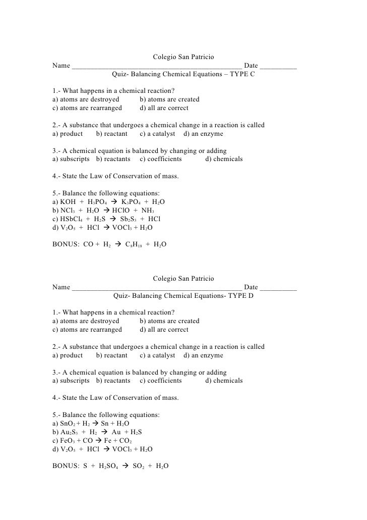 Quiz Balancing Chemical Equations 2