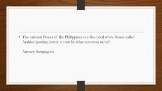 • The national flower of the Philippines is a five-petal white flower called
Arabian jasmine, better known by what common name?
Answer: Sampaguita
 