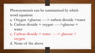 Photosyntensis can be summarized by which
word equation:
a. Oxygen +glucose ----> carbon dioxide +water
b. Carbon dioxide + oxygen ----->glucose +
water
c. Carbon dioxide + water -----> glucose +
oxygen
d. None of the above
 