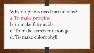 Why do plants need nitrate ions?
a.To make proteins
b. to make fatty acids
c. To make starch for storage
d. To make chlorophyll
 