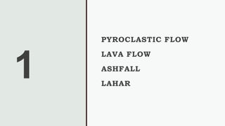 1
PYROCLASTIC FLOW
LAVA FLOW
ASHFALL
LAHAR
 