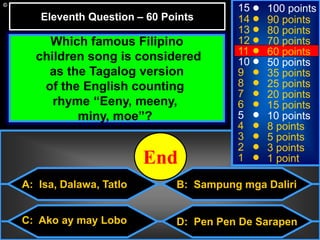 © Mark E. Damon - All Rights Reserved
A: Isa, Dalawa, Tatlo
C: Ako ay may Lobo
B: Sampung mga Daliri
D: Pen Pen De Sarapen
15
14
13
12
11
10
9
8
7
6
5
4
3
2
1
100 points
90 points
80 points
70 points
60 points
50 points
35 points
25 points
20 points
15 points
10 points
8 points
5 points
3 points
1 point
Which famous Filipino
children song is considered
as the Tagalog version
of the English counting
rhyme “Eeny, meeny,
miny, moe”?
Eleventh Question – 60 Points
302928272625242322212019181716151413121110987654321End
 
