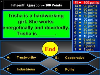 © Mark E. Damon - All Rights Reserved
A: Trustworthy
C: Industrious
B: Cooperative
D: Polite
15
14
13
12
11
10
9
8
7
6
5
4
3
2
1
100 points
90 points
80 points
70 points
60 points
50 points
35 points
25 points
20 points
15 points
10 points
8 points
5 points
3 points
1 point
Trisha is a hardworking
girl. She works
energetically and devotedly.
Trisha is ______.
Fifteenth Question – 100 Points
302928272625242322212019181716151413121110987654321End
 