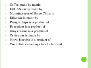 Coffee made by nestle LOGAN car is made by  Manufacturer of Bingo Chips is Etios car is made by Pringle chips is a product of Pepsodent is a product of  Olay creams is a product of  Cruise car is made by Marie biscuits is a product of Vimal fabrics belongs to which brand 