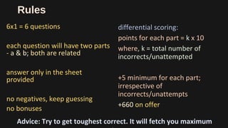 Rules
6x1 = 6 questions
each question will have two parts
- a & b; both are related
answer only in the sheet
provided
no negatives, keep guessing
no bonuses
differential scoring:
points for each part = k x 10
where, k = total number of
incorrects/unattempted
+5 minimum for each part;
irrespective of
incorrects/unattempts
+660 on offer
Advice: Try to get toughest correct. It will fetch you maximum
 