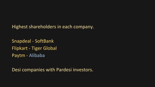 Highest shareholders in each company.
Snapdeal - SoftBank
Flipkart - Tiger Global
Paytm - Alibaba
Desi companies with Pardesi investors.
 