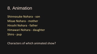 8. Animation
Shinnosuke Nohara - son
Misae Nohara - mother
Hiroshi Nohara - father
Himawari Nohara - daughter
Shiro - pup
Characters of which animated show?
 