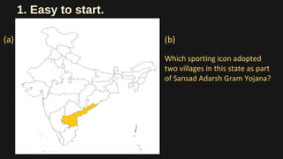 1. Easy to start.
(b)
Which sporting icon adopted
two villages in this state as part
of Sansad Adarsh Gram Yojana?
(a)
 