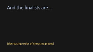 And the finalists are...
(decreasing order of choosing places)
 