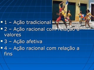  1 – Ação   tradicional
 2 – Ação   racional com relação a
  valores
 3 – Ação   afetiva
 4 – Ação   racional com relação a
  fins
 