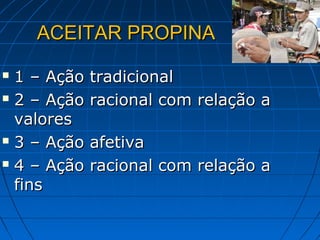 ACEITAR PROPINA

 1 – Ação   tradicional
 2 – Ação   racional com relação a
  valores
 3 – Ação   afetiva
 4 – Ação   racional com relação a
  fins
 