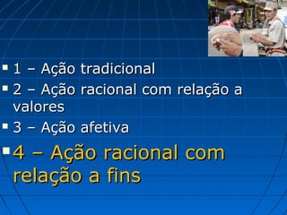  1 – Ação tradicional
 2 – Ação racional com relação a

  valores
 3 – Ação afetiva

   4 – Ação racional com
    relação a fins
 