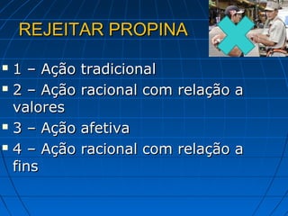 REJEITAR PROPINA

 1 – Ação   tradicional
 2 – Ação   racional com relação a
  valores
 3 – Ação   afetiva
 4 – Ação   racional com relação a
  fins
 