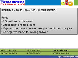 ROUND 2 – DARSHANA (VISUAL QUESTIONS)

Rules
•6 Questions in this round
•Direct questions to a team
•10 points on correct answer irrespective of direct or pass
•No negative marks for wrong answer




Aarambh (PRELIM)     NEETI (ROUND 1)      DARSHNA (ROUND 2)
KAUSHAL (ROUND 3)    SUTRA (ROUND 4)      VEDANTA (ROUND 5)
 