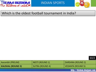 INDIAN SPORTS

Which is the oldest football tournament in India?




                                                               BACK
Aarambh (PRELIM)    NEETI (ROUND 1)        DARSHNA (ROUND 2)
KAUSHAL (ROUND 3)   SUTRA (ROUND 4)        VEDANTA (ROUND 5)
 