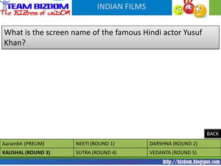 INDIAN FILMS


What is the screen name of the famous Hindi actor Yusuf
Khan?




                                                               BACK
Aarambh (PRELIM)    NEETI (ROUND 1)        DARSHNA (ROUND 2)
KAUSHAL (ROUND 3)   SUTRA (ROUND 4)        VEDANTA (ROUND 5)
 