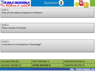 Question 12
CLUE 1:
They are the oldest scriptures in Hinduism




CLUE 2:
These consists of 4 books




CLUE 3:
In Sanskrit it is translated as “Knowledge”




Aarambh (PRELIM)                 NEETI (ROUND 1)            DARSHNA (ROUND 2)
KAUSHAL (ROUND 3)                SUTRA (ROUND 4)            VEDANTA (ROUND 5)
 
