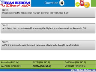 Question 14
CLUE 1:
This cricketer is the recipient of ICC ODI player of the year 2008 & 09




CLUE 2:
He is holds the current record for making the highest score by any wicket keeper in ODI




CLUE 3:
In IPL first season he was the most expensive player to be bought by a franchise




Aarambh (PRELIM)                 NEETI (ROUND 1)                   DARSHNA (ROUND 2)
KAUSHAL (ROUND 3)                SUTRA (ROUND 4)                   VEDANTA (ROUND 5)
 