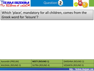 Question 22

Which ‘place’, mandatory for all children, comes from the
Greek word for ‘leisure’?




Aarambh (PRELIM)    NEETI (ROUND 1)         DARSHNA (ROUND 2)
KAUSHAL (ROUND 3)   SUTRA (ROUND 4)         VEDANTA (ROUND 5)
 