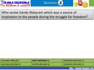 Question 33

Who wrote Vande Mataram which was a source of
inspiration to the people during the struggle for freedom?




Aarambh (PRELIM)    NEETI (ROUND 1)         DARSHNA (ROUND 2)
KAUSHAL (ROUND 3)   SUTRA (ROUND 4)         VEDANTA (ROUND 5)
 