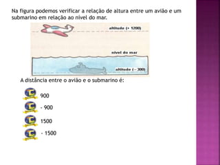 Na figura podemos verificar a relação de altura entre um avião e um
submarino em relação ao nível do mar.
A distância entre o avião e o submarino é:
900
- 900
1500
- 1500
 
