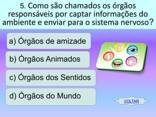 5. Como são chamados os órgãos

responsáveis por captar informações do
ambiente e enviar para o sistema nervoso?
a) Órgãos de amizade
b) Órgãos Animados

c) Órgãos dos Sentidos
d) Órgãos do Mundo

VOLTAR

 
