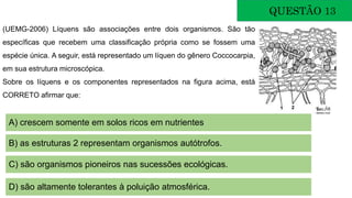 QUESTÃO 13
(UEMG-2006) Líquens são associações entre dois organismos. São tão
específicas que recebem uma classificação própria como se fossem uma
espécie única. A seguir, está representado um líquen do gênero Coccocarpia,
em sua estrutura microscópica.
Sobre os líquens e os componentes representados na figura acima, está
CORRETO afirmar que:
A) crescem somente em solos ricos em nutrientes
B) as estruturas 2 representam organismos autótrofos.
C) são organismos pioneiros nas sucessões ecológicas.
D) são altamente tolerantes à poluição atmosférica.
 