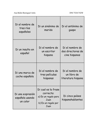 Ana Belén Berenguel Artés                                DNI 75241742W




 Di el nombre de
                            Di un sinónimo de      Di el antónimo de
     tres ríos
                                 marido                   guapo
    españoles




                             Di el nombre de        Di el nombre de
 Di un insulto en
                               un escritor         dos directores de
     español
                                 hispano             cine hispanos




                             Di el nombre de         Di el nombre de
 Di una marca de
                              tres películas            un libro de
 coche española
                                 hispanas          literatura hispana



                            Di cual es la frase
Di una expresión                correcta:
                            a) Es un regalo para    Di cinco países
española usando
                                    Juan           hispanohablantes
    un color
                            b) Es un regalo por
                                    Juan
 
