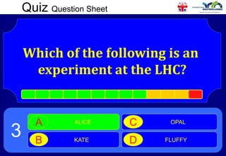 Quiz Question Sheet
Which of the following is an
experiment at the LHC?
ALICE
A
KATE
B
OPAL
C
FLUFFY
D
3
 