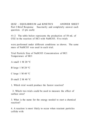 QUIZ – EQUILIBRIUM and KINETICS ANSWER SHEET
Part I Brief Response Succinctly and completely answer each
question. (3 pts each)
#1-2 The table below represents the production of 50 mL of
CO2 in the reaction of HCl with NaHCO3. Five trials
were performed under different conditions as shown. The same
mass of NaHCO3 was used in each trial.
Trial Particle Size of NaHCO3 Concentration of HCl
Temperature of HCl
A small 1 M 20 ºC
B large 1 M 20 ºC
C large 1 M 40 ºC
D small 2 M 40 ºC
1. Which trial would produce the fastest reaction?
2. Which two trials could be used to measure the effect of
surface area?
3. What is the name for the energy needed to start a chemical
reaction?
4. A reaction is most likely to occur when reactant particles
collide with
 