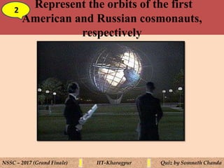 Represent the orbits of the first
American and Russian cosmonauts,
respectively
2
NSSC – 2017 (Grand Finale) IIT-Kharagpur Quiz by Somnath Chanda
 