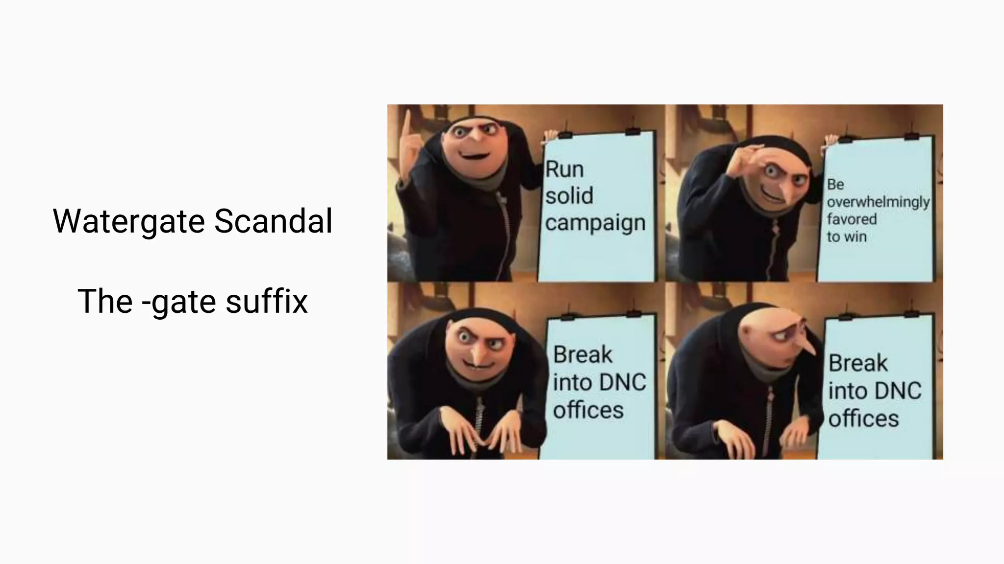 Watergate Scandal
The -gate suffix
 