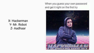 X- Hackerman
Y- Mr. Robot
Z- Aadhaar
 