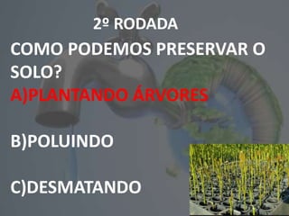 2º RODADA
COMO PODEMOS PRESERVAR O
SOLO?
A)PLANTANDO ÁRVORES
B)POLUINDO
C)DESMATANDO
 