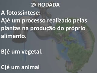 2º RODADA
A fotossíntese:
A)é um processo realizado pelas
plantas na produção do próprio
alimento.
B)é um vegetal.
C)é um animal
 
