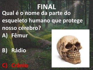 FINAL
Qual é o nome da parte do
esqueleto humano que protege
nosso cérebro?
A) Fêmur
B) Rádio
C) Crânio
 