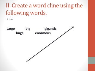 II. Create a word cline using the
following words.
6-10.
Large big gigantic
huge enormous
 