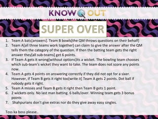   Team A bats[answers]. Team B bowls[the QM throws questions on their behalf] Team A[all three teams work together] can claim to give the answer after the QM tells them the category of the question. If then the batting team gets the right answer they[all sub-teams] get 6 points. If Team A gets it wrong[without options]its a wicket. The bowling team chooses which sub-team's wicket they want to take. The team does not score any points now. Team A gets 4 points on answering correctly if they did not opt for a sixer. However, if Team B gets it right too[write it] Team A gets 2 points. Dot ball if nobody gets it right. Team A misses and Team B gets it right then Team B gets 1 point. 2 wickets only. No last man batting. 6 balls/over. Winning team gets 3 bonus points Shahpurians don’t give extras nor do they give away easy singles. Toss ka boss please.. 