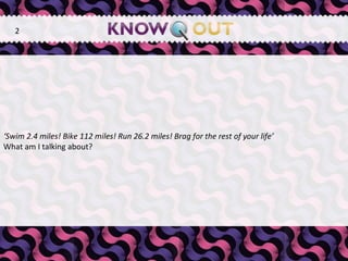   ‘ Swim 2.4 miles! Bike 112 miles! Run 26.2 miles! Brag for the rest of your life’  What am I talking about? 2 