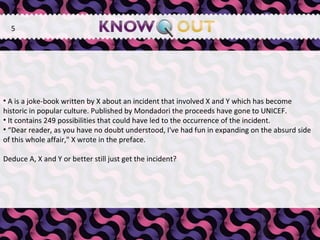   A is a joke-book written by X about an incident that involved X and Y which has become historic in popular culture. Published by Mondadori the proceeds have gone to UNICEF.  It contains 249 possibilities that could have led to the occurrence of the incident. “ Dear reader, as you have no doubt understood, I've had fun in expanding on the absurd side of this whole affair," X wrote in the preface. Deduce A, X and Y or better still just get the incident? 5 