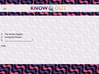   The Dream begins Living the Dream ______________________? FITB. 12 